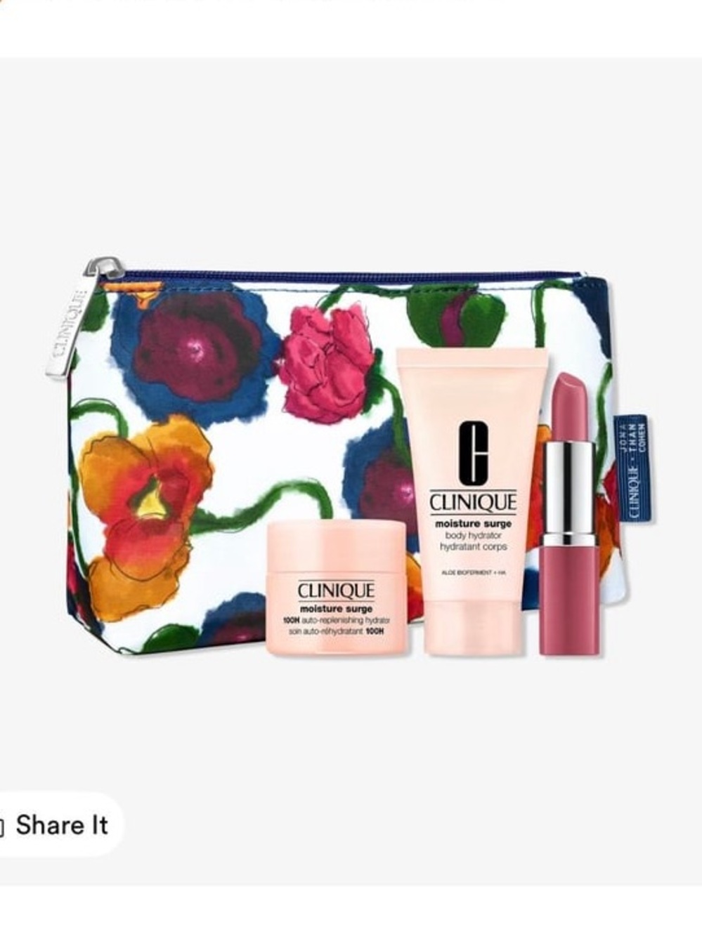 Clinique Floral Cosmetic Pouch with Moisture Surge Set + lipstick